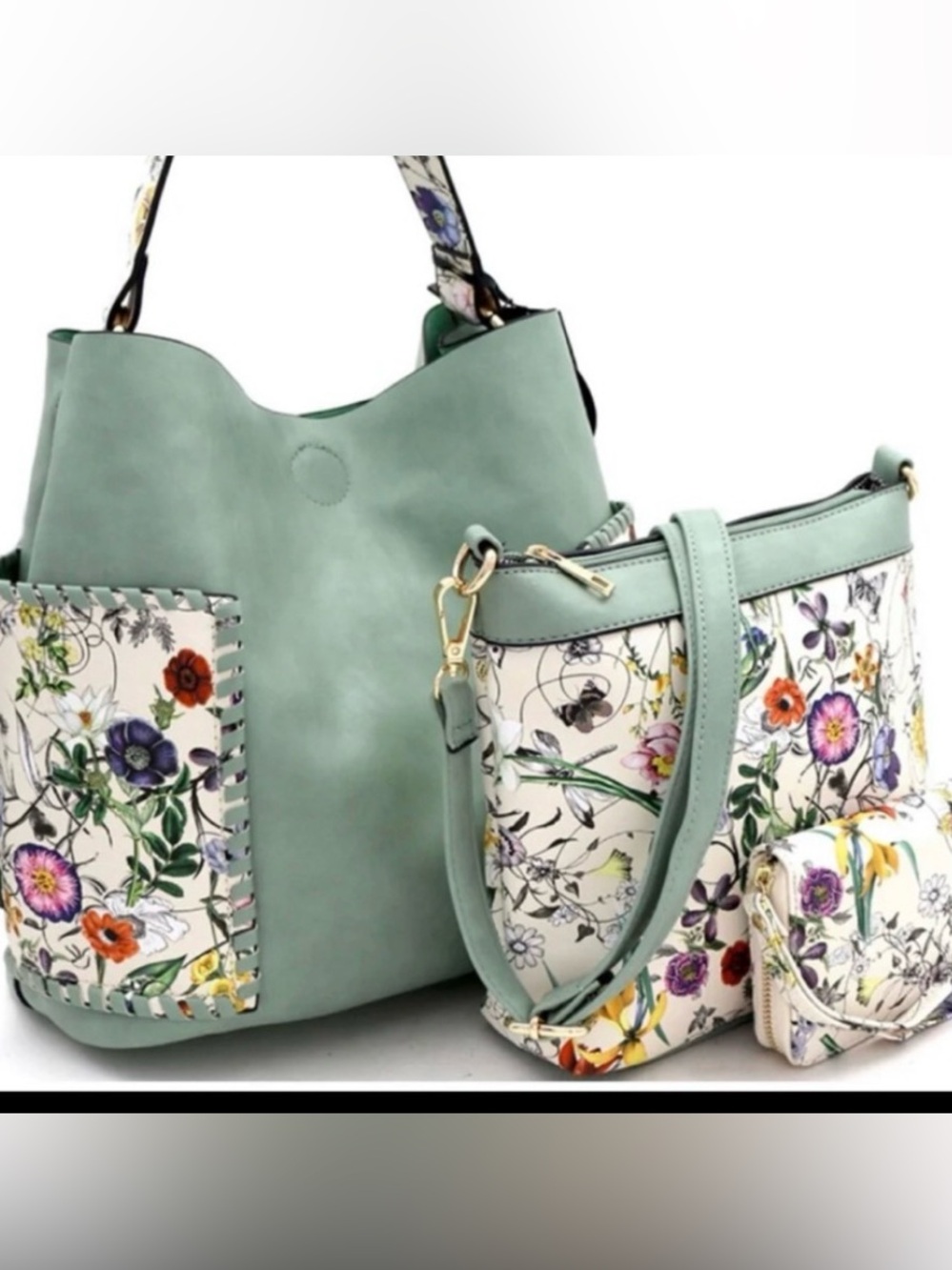 Mint Green Floral Panel Tote and Crossbody Set